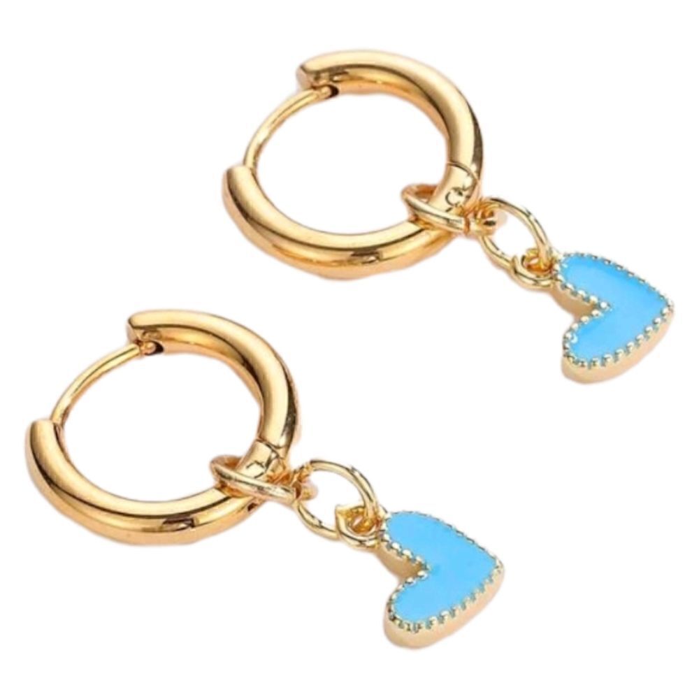 Gold Hoops Dangling Heart Drop Huggie Earrings - Picture 5 of 5